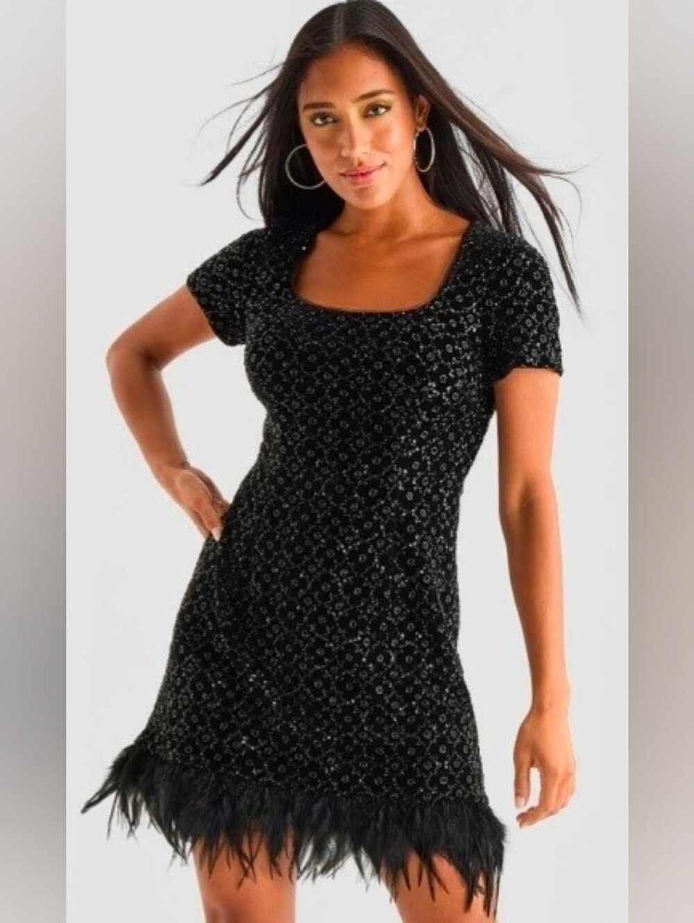 NWT | Bob Mackie Beaded Velvet Maribou-Hem Dress | Size 8